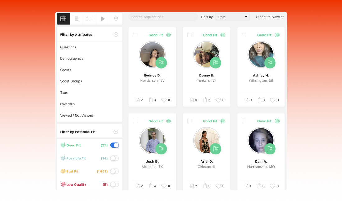Screenshot of a dscout screener featuring participants with an orange background